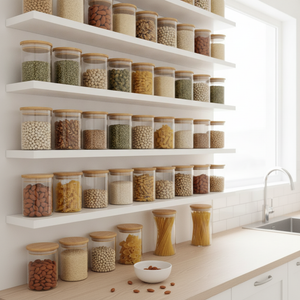 Tarros herméticos vidrio organizados estantería cocina moderna minimalista