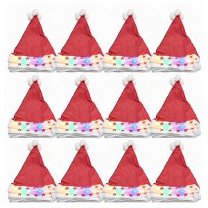 Set 12 gorros navideños luces LED multicolor fieltro rojo vista frontal