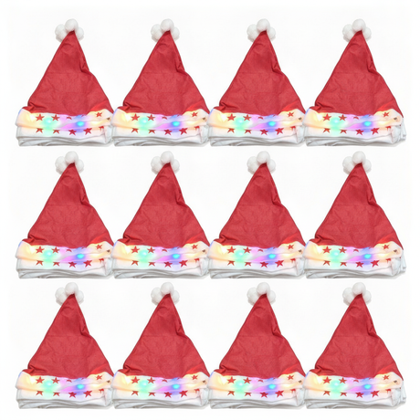 Set 12 gorros navideños luces LED multicolor fieltro rojo vista frontal