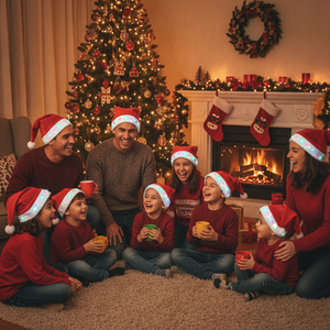 Familia chilena celebrando Navidad con gorros navideños luces LED en living