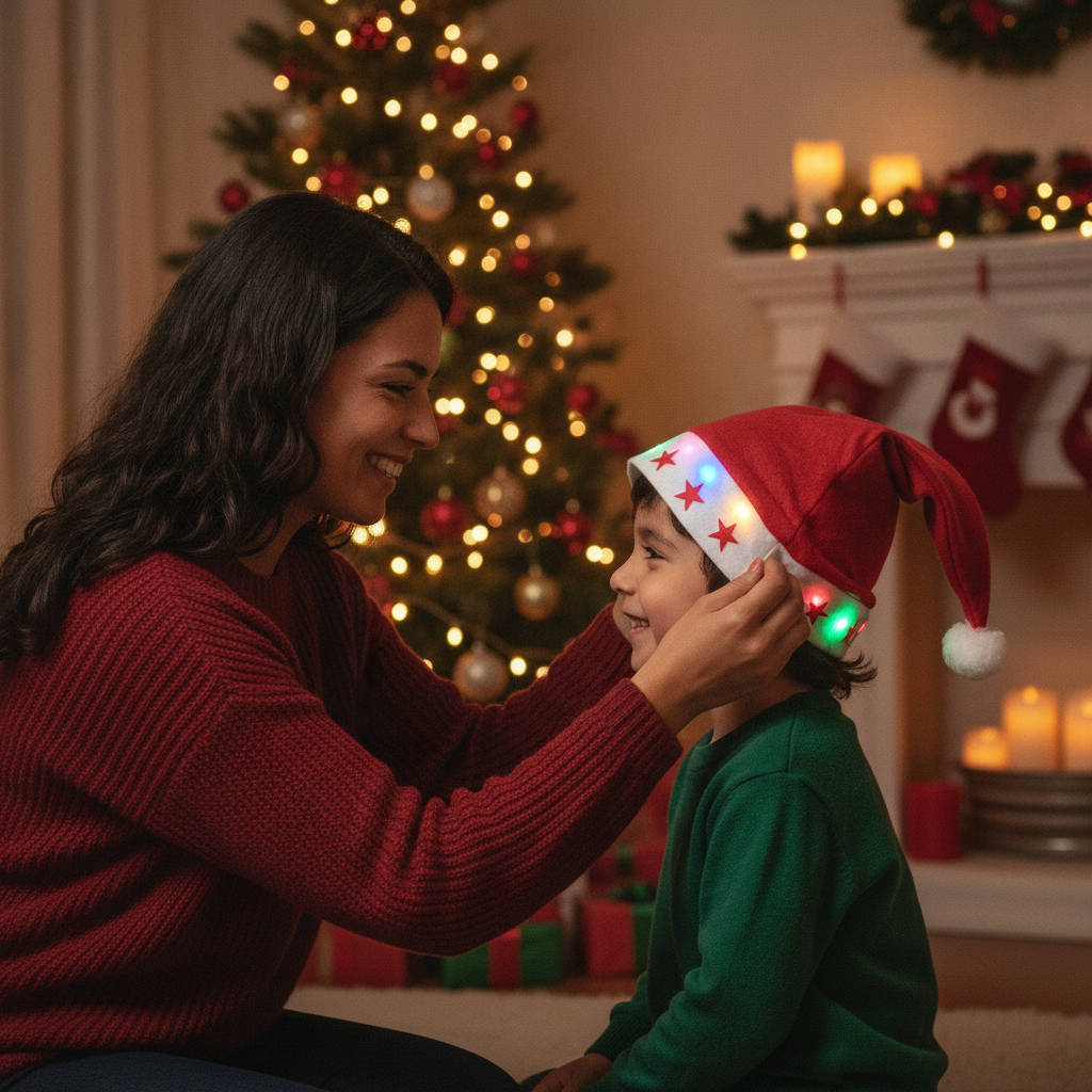 Mujer poniendo gorro navideño luces LED a niño en hogar decorado Navidad