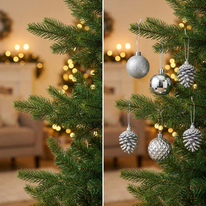 Árbol navidad decorado con esferas plateadas y piñas living hogar chileno