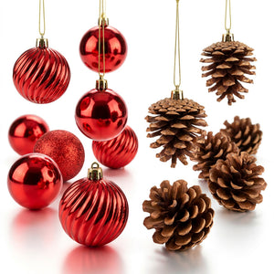 Set 15 adornos navidad esferas rojas piñas café 5cm vista frontal completo