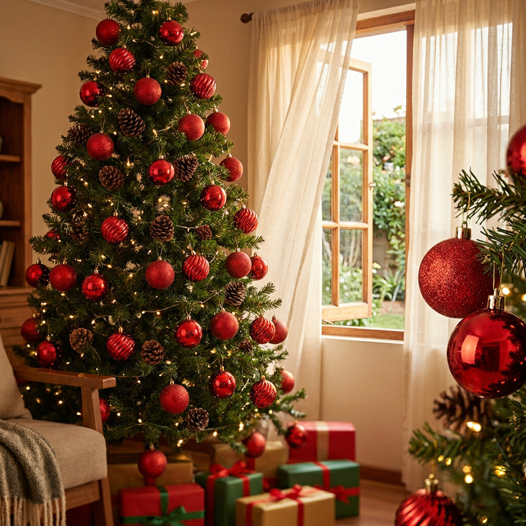 Mujer decorando árbol navidad esferas rojas piñas café departamento Santiago