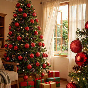 Mujer decorando árbol navidad esferas rojas piñas café departamento Santiago