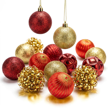 Set 15 esferas navidad rojo dorado 6cm glitter vista frontal fondo blanco