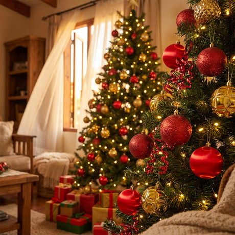 Esferas navidad rojo dorado decorando arbol living hogar chileno