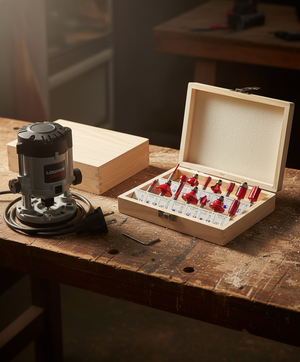 Caja madera abierta con fresas router rojas taller carpintería chileno