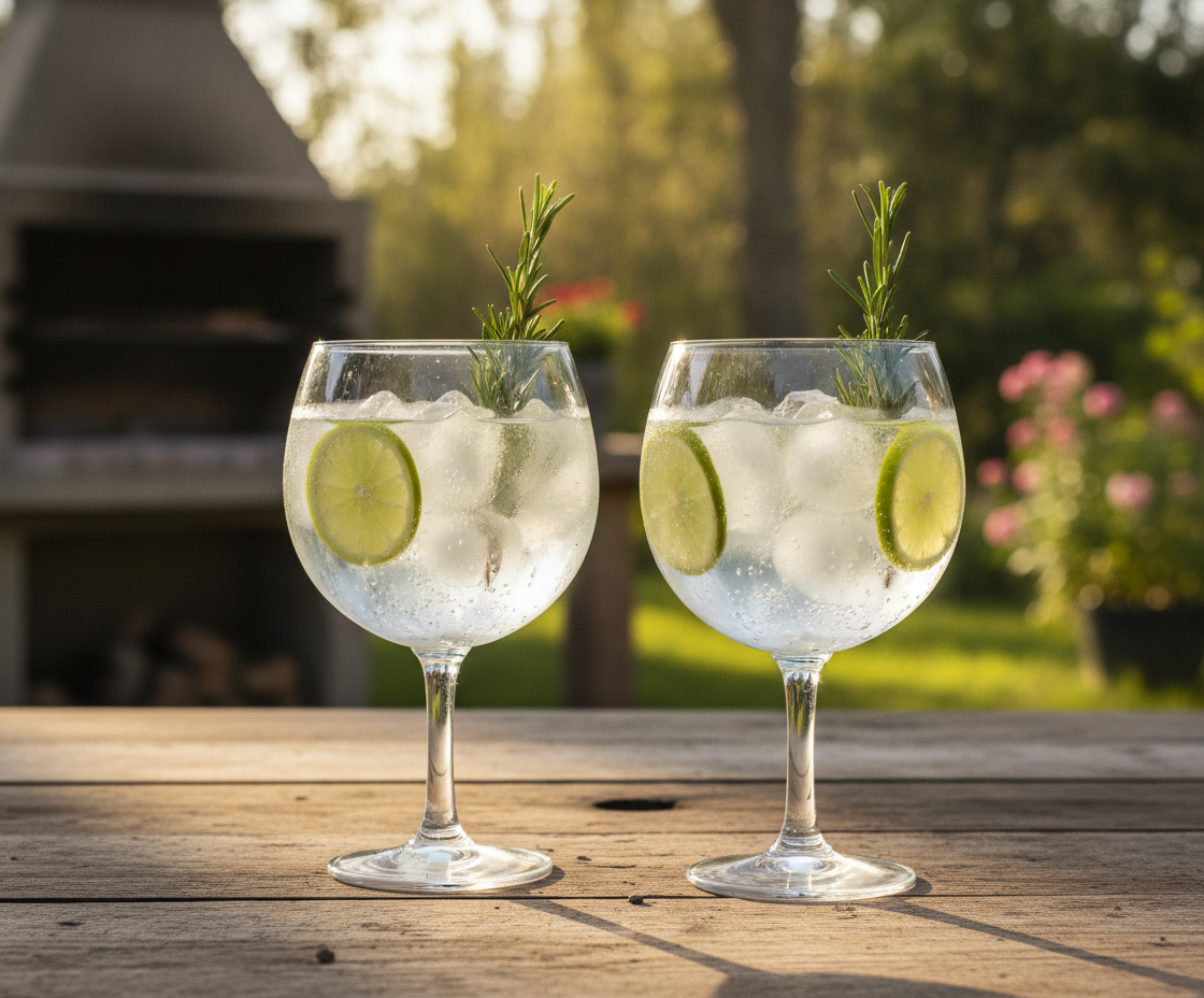 Copas gin tonic Glasso con hielo y guarniciones en quincho chileno