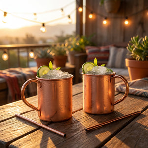 Mugs cobre Moscow Mule en quincho chileno con cócteles y hielo