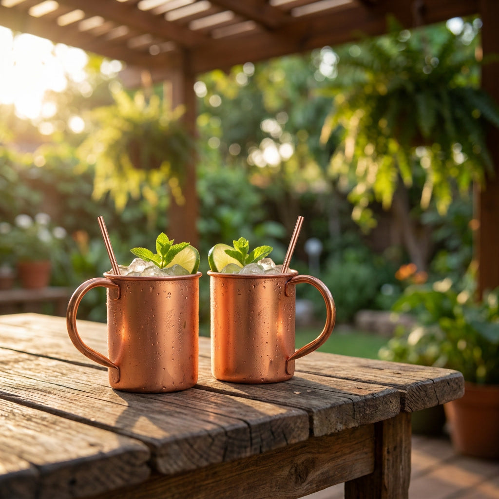 Mug cobre con bebida fría en terraza chilena atardecer
