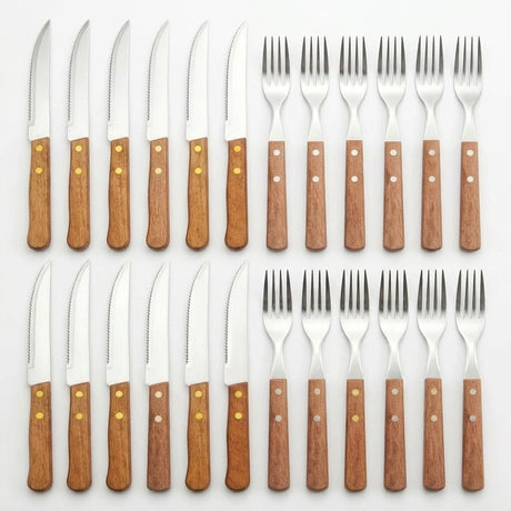 Set 24 cubiertos acero inoxidable mango madera tenedor cuchillo fondo blanco