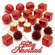 Set 25 adornos navidad rojos esferas cajas tambores pinas vista frontal