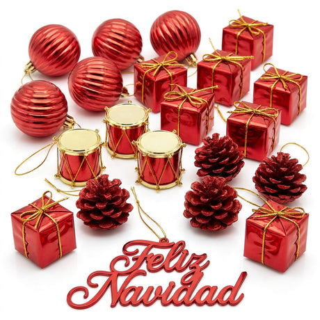 Set 25 adornos navidad rojos esferas cajas tambores pinas vista frontal