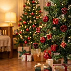 Adornos navidad rojos y dorados decorando arbol en living chileno
