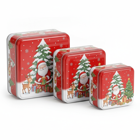 Set 3 cajas metalicas navidenas rojo Santa Claus vista frontal producto