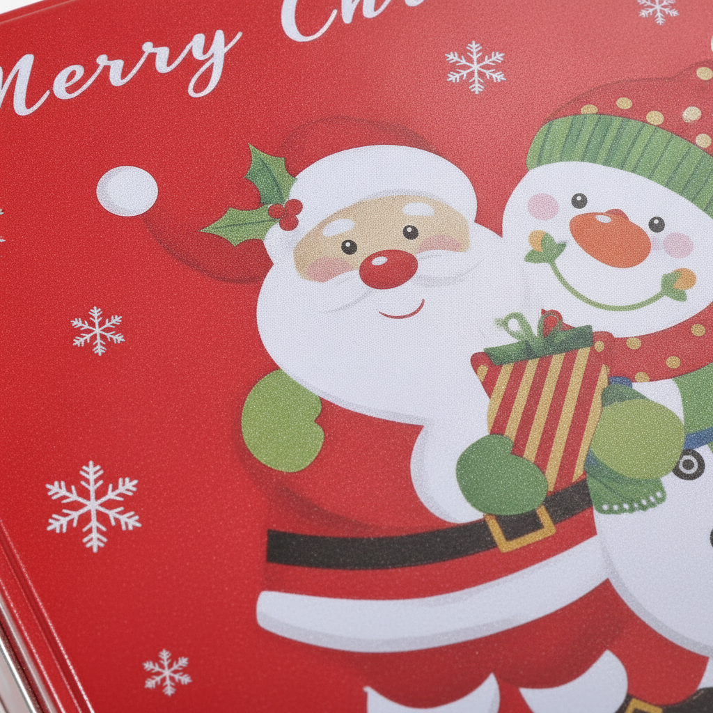 Detalle superficie metálica caja navideña ilustración Santa Claus muñeco nieve