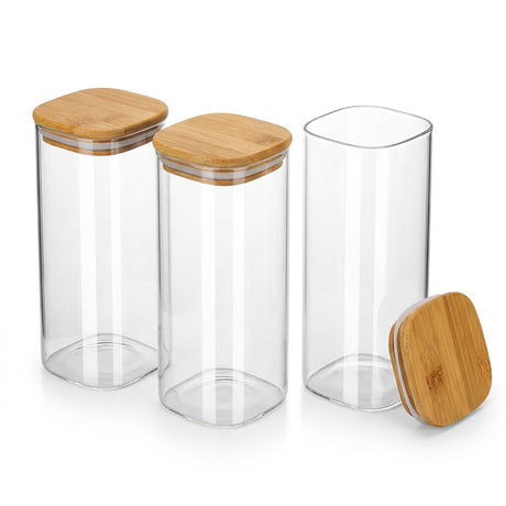 Set 3 frascos vidrio herméticos tapa bambú 600ml cuadrados vista frontal fondo blanco