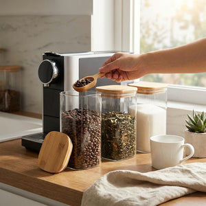 Frascos vidrio cuadrados tapa bambú repisa cocina llenos café arroz lentejas