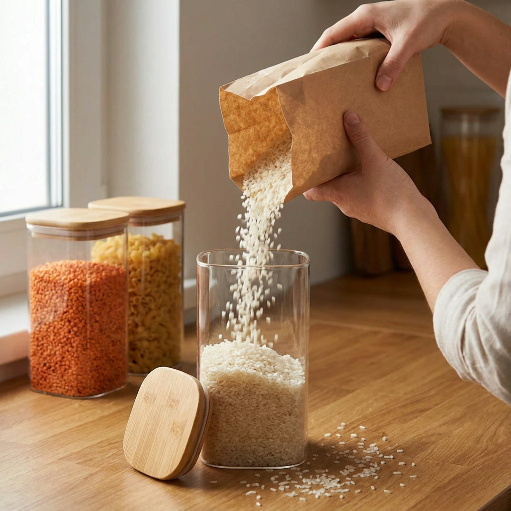 Contenedores vidrio herméticos bambú encimera cocina chilena tamaño real