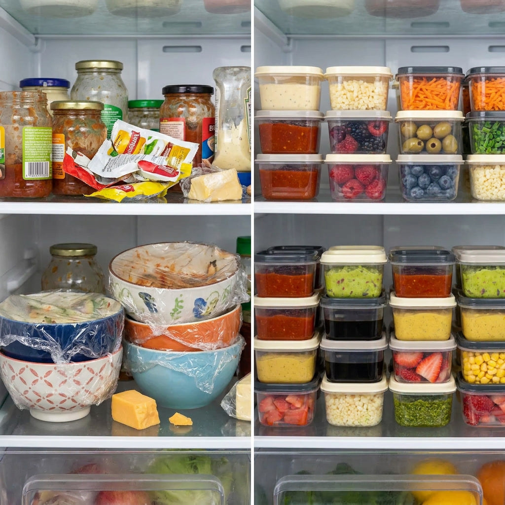 Contenedores herméticos organizados en refrigerador cocina chilena