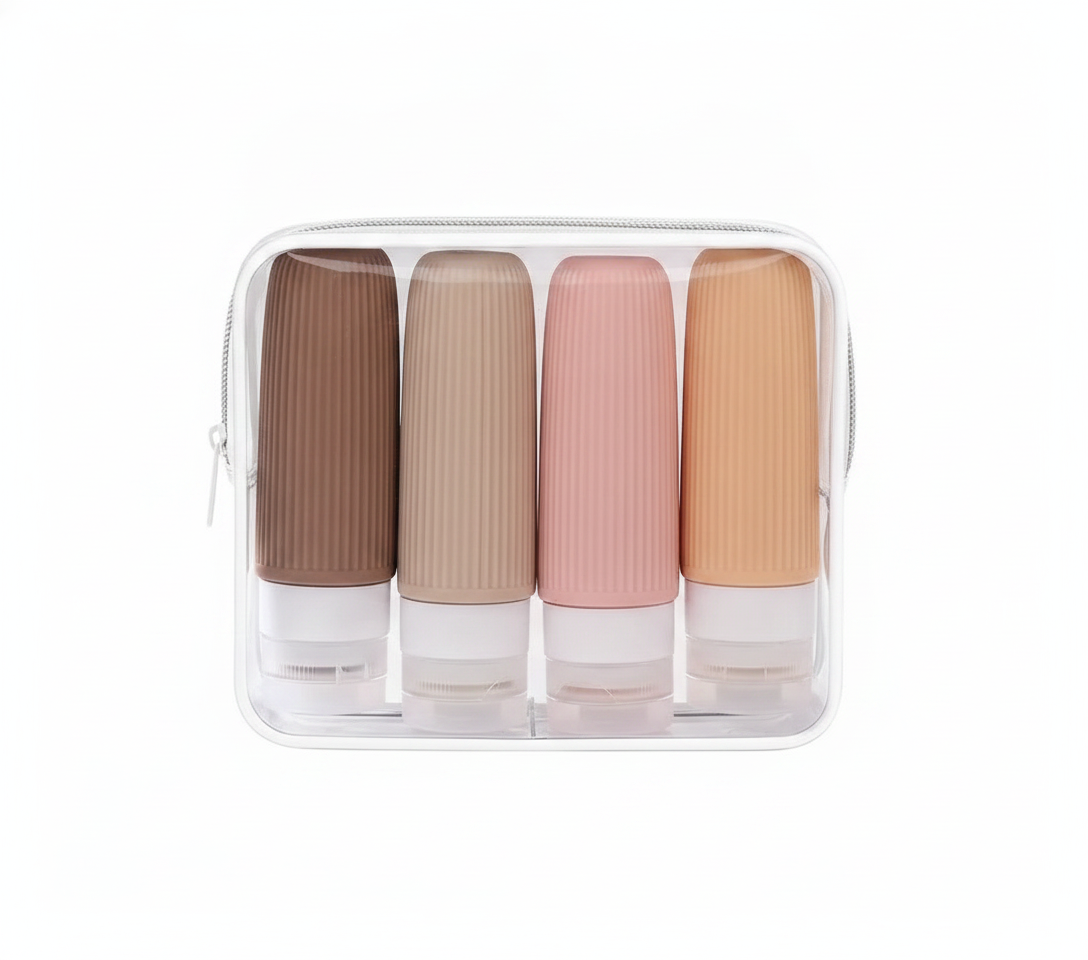 Set 4 botellas viaje silicona rellenables 90ml con neceser transparente vista frontal