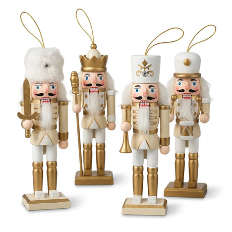 Set 4 cascanueces navideños blanco dorado soldados colgantes vista frontal
