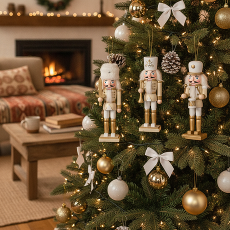 Cascanueces navideños blanco dorado colgando arbol navidad living chileno