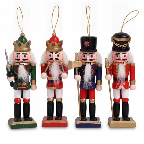 Set 4 cascanueces navideños soldados madera 12cm rojo verde azul vista frontal
