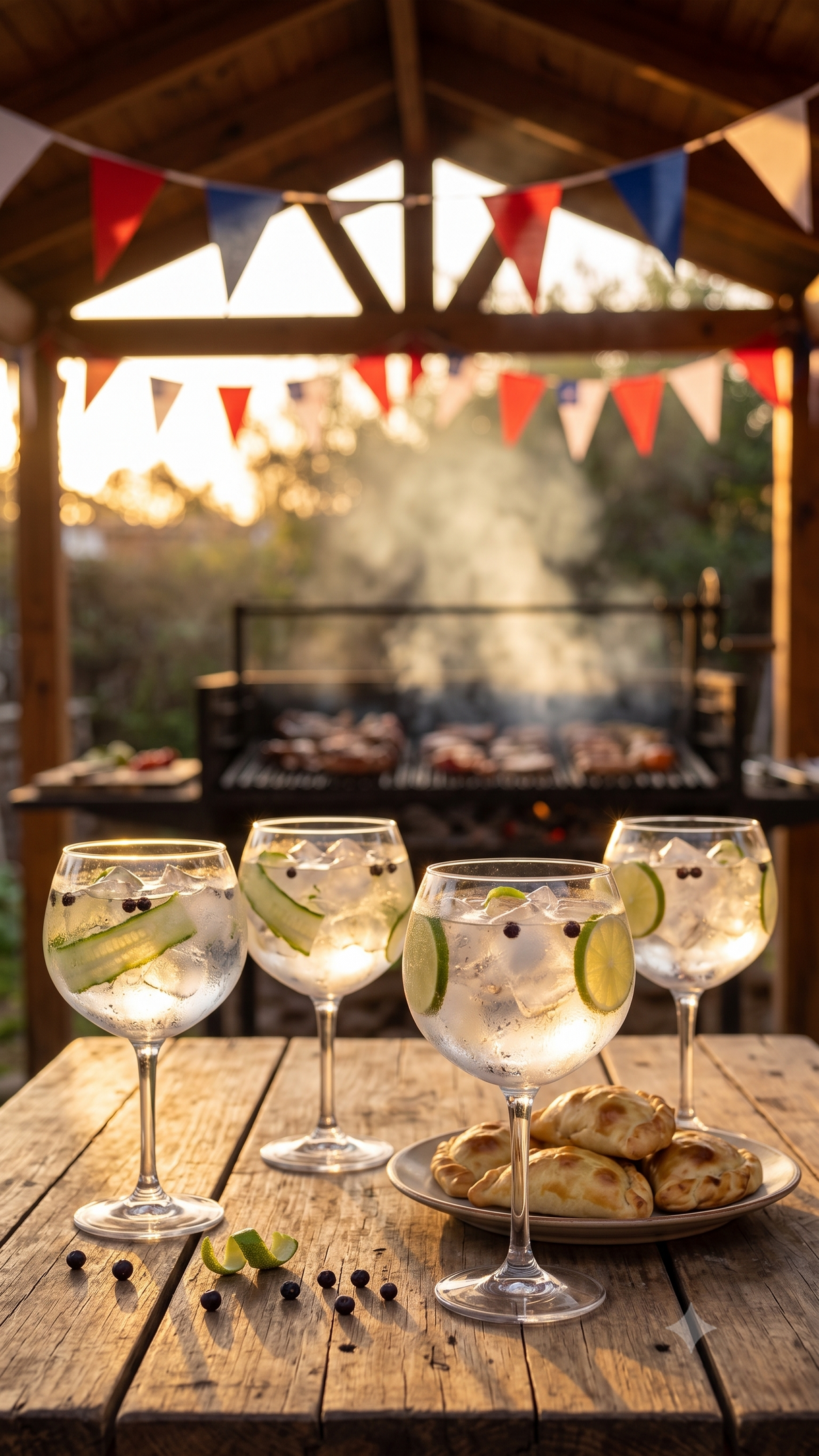 Copas gin tonic balon Glasso con hielo botanicos quincho exterior Chile
