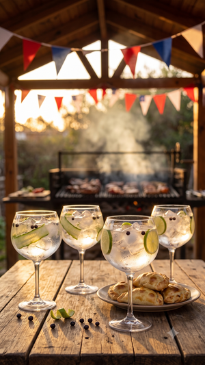 Copas gin tonic balon Glasso con hielo botanicos quincho exterior Chile