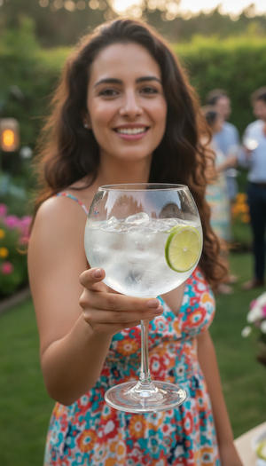 Mujer sosteniendo copa gin tonic balon Glasso fiesta jardin verano