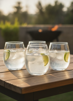 Mujer sosteniendo copa gin stemless Glasso en terraza soleada Chile