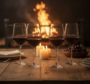 Copas de vino cristal Glasso en quincho chileno mesa asado ambiente cálido