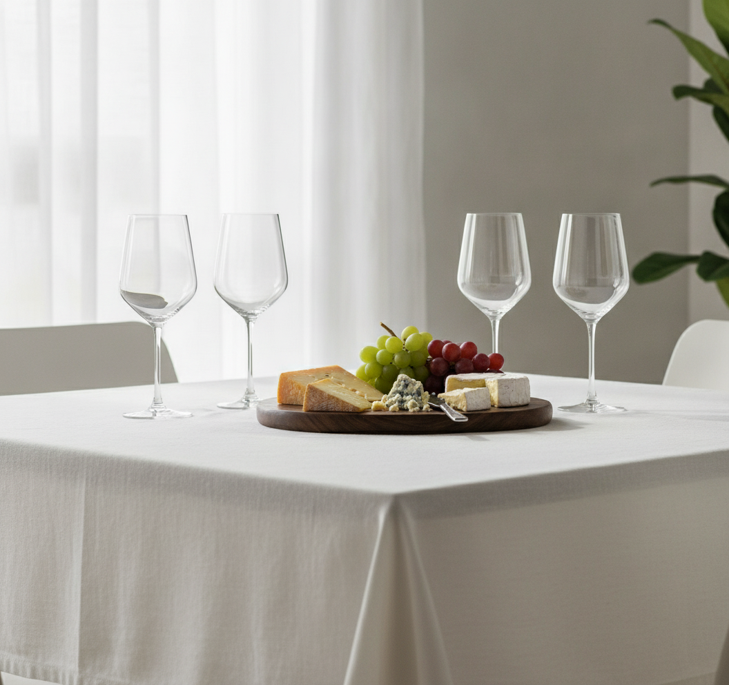 Juego copas vino transparente mesa comedor chileno con quesos y uvas
