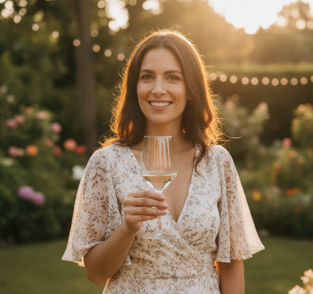Mujer sosteniendo copa vino vidrio Glasso Ginebra jardín exterior Chile