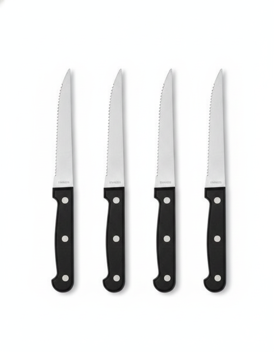 Set 4 cuchillos carne mango negro acero inoxidable vista frontal fondo blanco