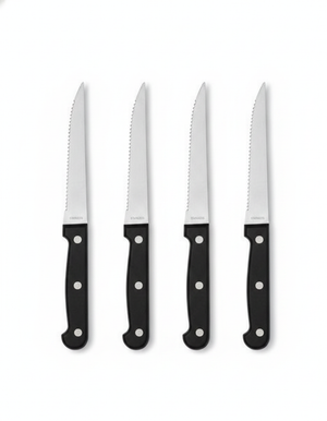 Set 4 cuchillos carne mango negro acero inoxidable vista frontal fondo blanco