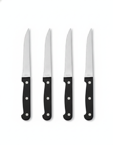 Set 4 cuchillos carne mango negro acero inoxidable vista frontal fondo blanco