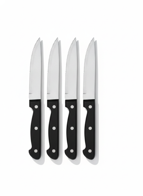 Set 4 cuchillos sierra asado mango negro fondo blanco vista frontal
