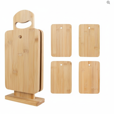 Set 4 tablas de picoteo bambú con soporte organizador vista frontal fondo blanco