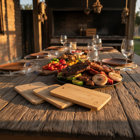 Tablas de bambú para picoteo usadas en asado chileno quincho familiar