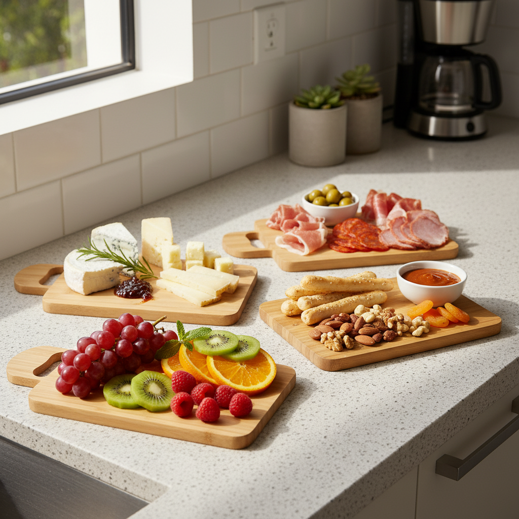 Set tablas madera bambú como tabla de picoteo con quesos y fiambres cocina chilena