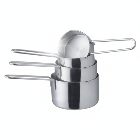 Set 4 tazas medidoras acero inoxidable Cuiner apiladas fondo blanco vista frontal