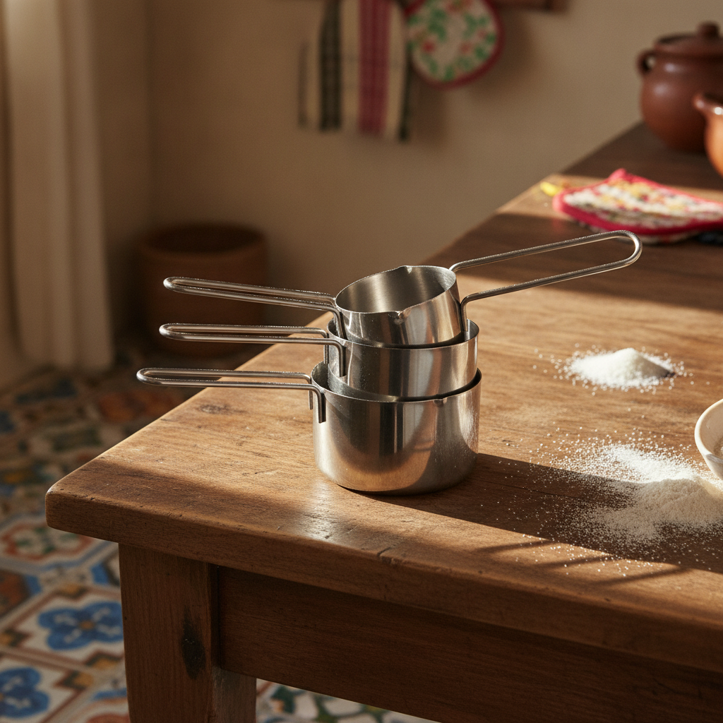 Mujer usando taza medidora acero inoxidable para medir harina cocina hogar