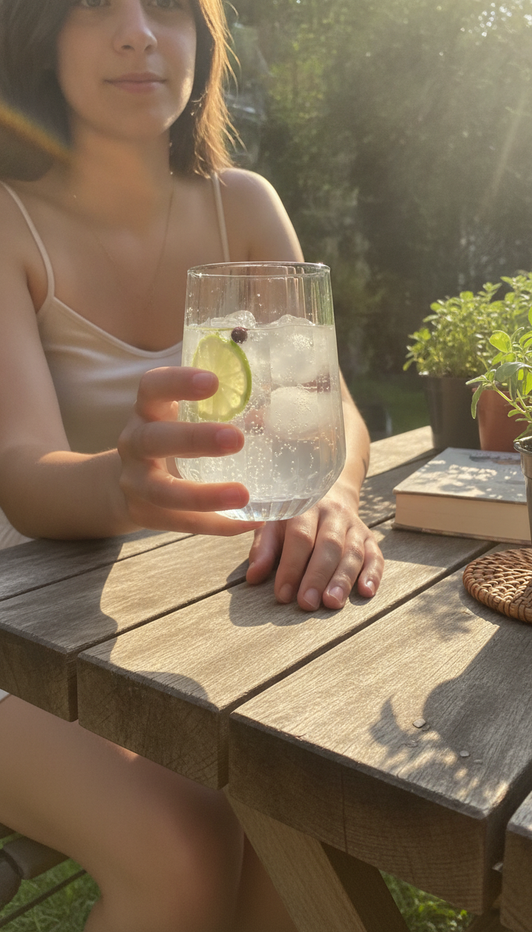Persona sosteniendo vaso Zaphire Glasso con gin tonic jardín exterior