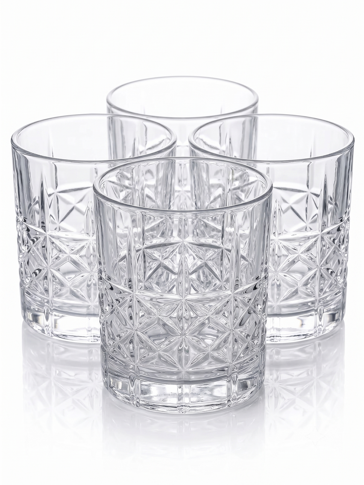 Set 4 vasos whisky vidrio tallado Glasso 333ml vista frontal fondo blanco