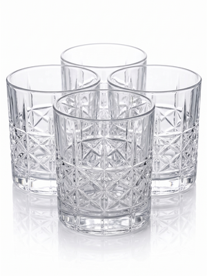 Set 4 vasos whisky vidrio tallado Glasso 333ml vista frontal fondo blanco