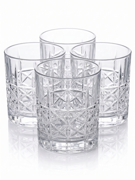 Set 4 vasos whisky vidrio tallado Glasso 333ml vista frontal fondo blanco