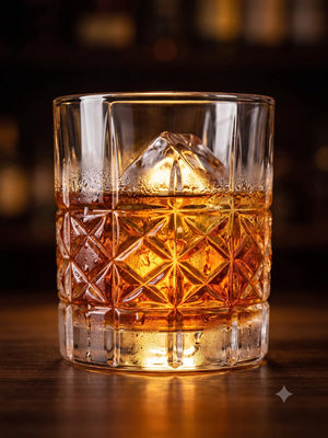 Vasos whisky tallado diamante sobre mesa madera quincho asado chileno